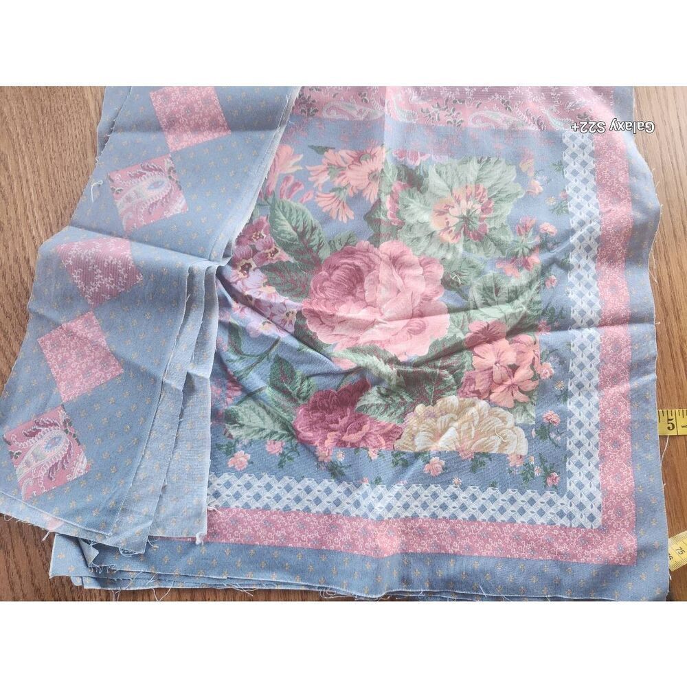 4 Foral Pillow Panels & Boarders - Pink & Blue Pastel Roses, carnations, Paisley
